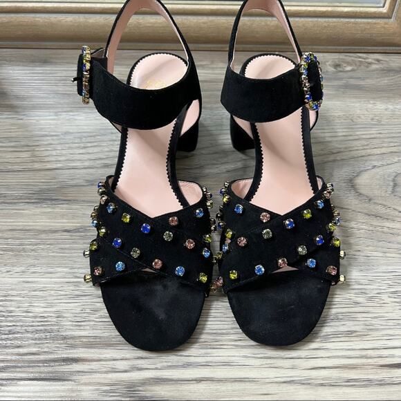 J. Crew Embellished Penny Heeled Sandals Black Suede sz 10 - Picture 4 of 9